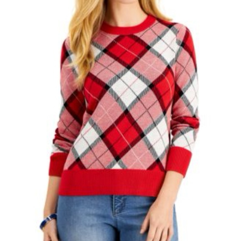 Charter Club Red Plaid Crew Neck Sweater XL Argyle